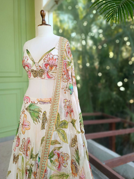Averelle Off-White Floral Indo-Western Lehenga with Sequin Embroidery