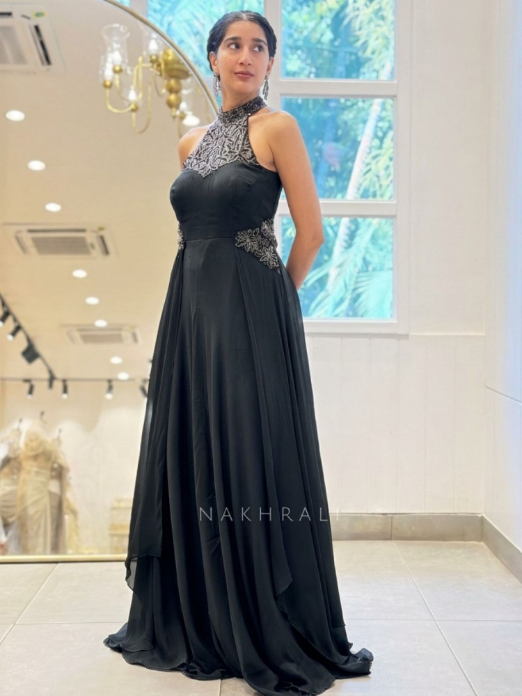 Image of Elowen Black Halter Neck Long Dress with Cut Dana Work
