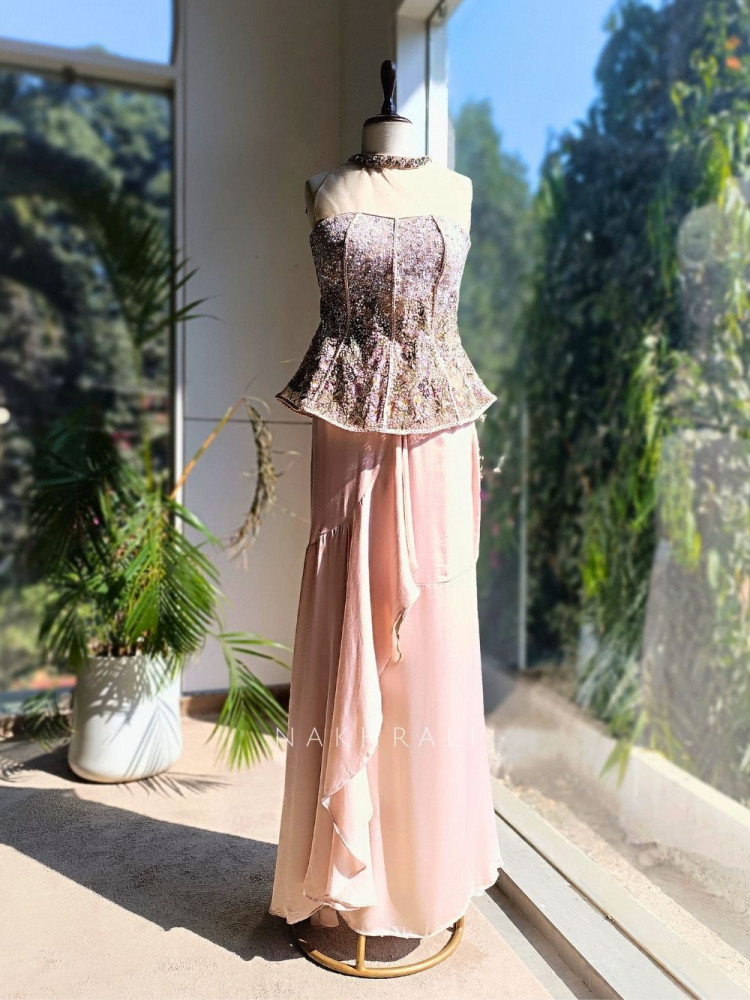 Image of Muse Peach Embellished Corset Top &amp; Skirt Set