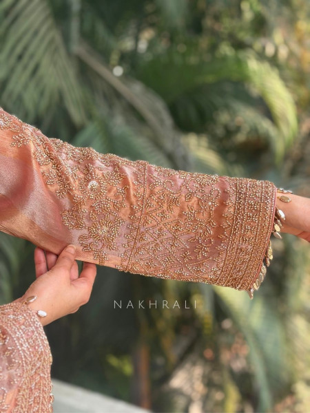 Zariya Peach Suit Set with Cut Dana and Zari Work