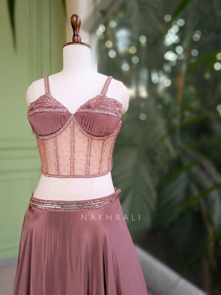 Fern Brown Corset Lehenga with Cut Dana Work