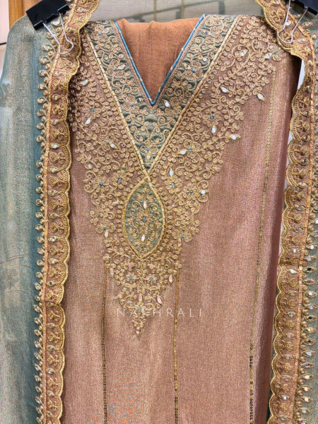 Ravika Brown Dress Material with Mirror Gota Patti Work