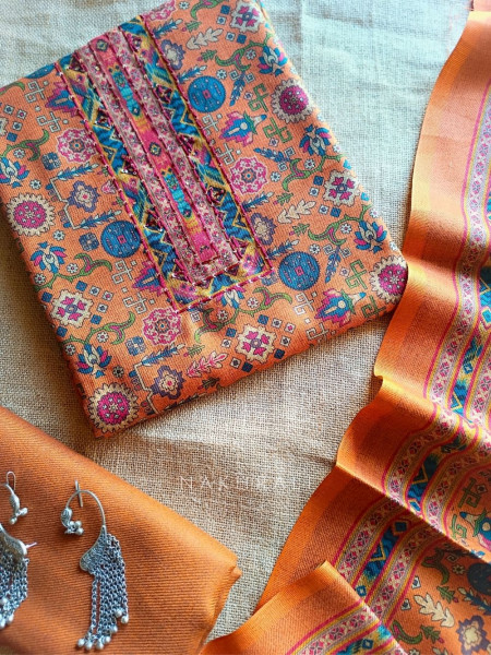 Heritage Orange Woolen Printed Dress Material