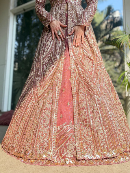 Blush Bloom Pink Achkan Pattern Lehenga with Zari Sequin Work