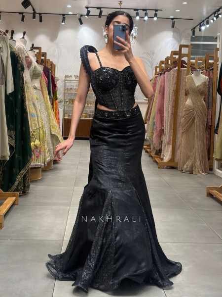 Sorvella Black Indo-Western Skirt Set with Sequin Corset