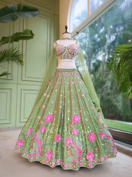 Amoret  Green Raw Silk & Tulle Carnival Lehenga Set With 3D Floral, Cutdana & Cowrie Work