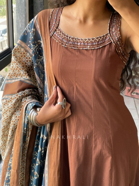 Miraya Brown Cotton Suit Set with Printed Border Detail