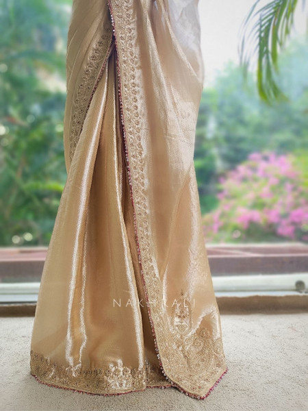 Gilded Noor Golden Premium Tissue Silk Blend Saree With Readymade Blouse