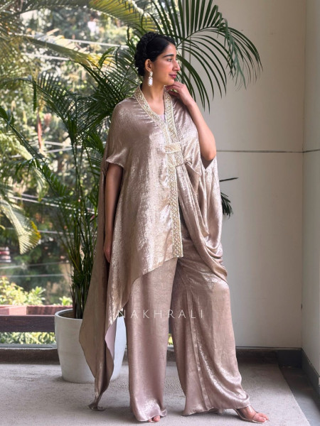 Aarvika Beige Metallic Indo-Western Kaftan Set with Embellished Neckline