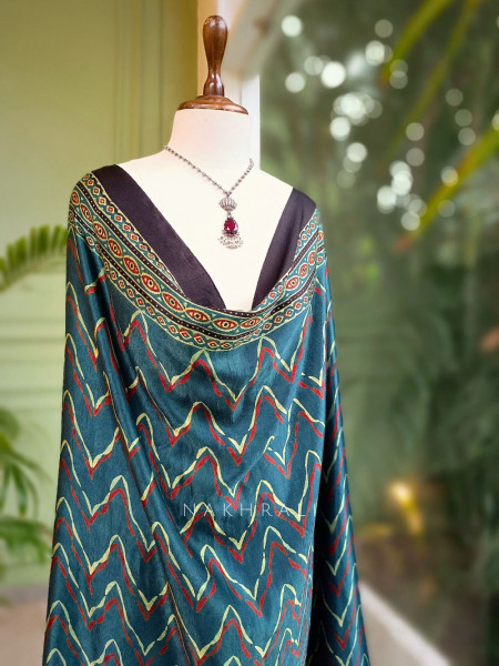 Elowen Green Modal Silk Dupatta with Ajrakh Print