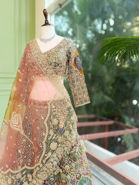 Kivra Green Lehenga Set with Multicolor Embroidery and Dupatta