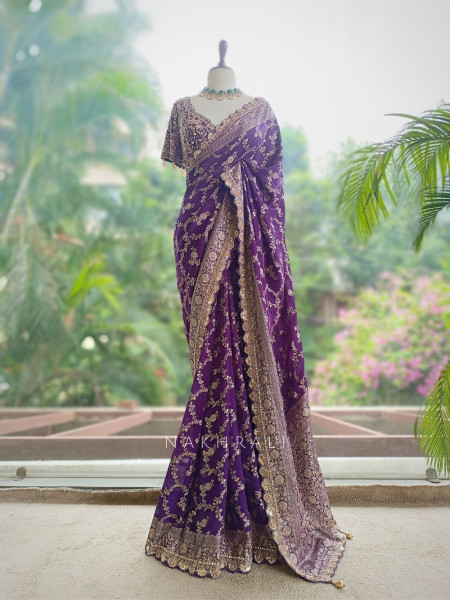 Tarangini Purple Banarasi Silk Blend Saree with Readymade Blouse