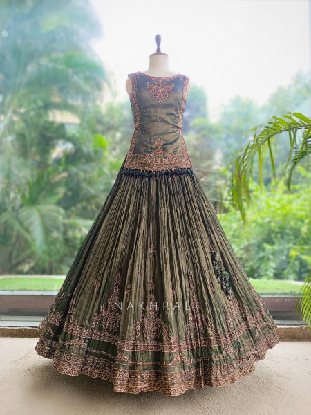 Twilight Moss Olive Green Metallic Tissue Silk Indo-Western Lehenga