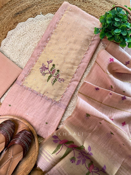 Parisa Peach Embroidered Cotton Dress Material with Bird Motifs