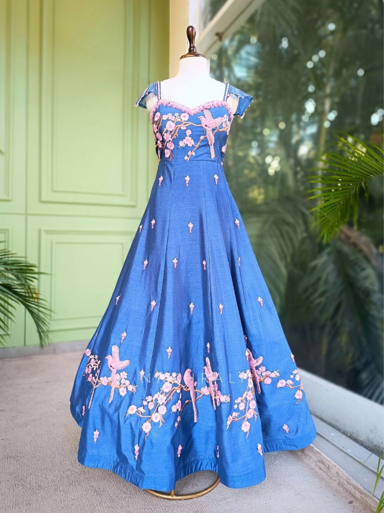 Image of Elina Blue Silk Dress with Sequin Bead Work
