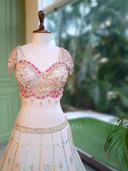 Solaris Petal Off-White Satin Silk & Soft Net Lehenga