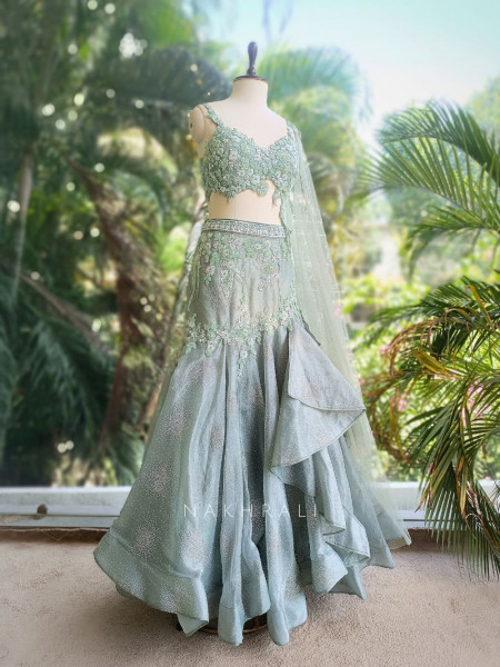 Serenya Sea Green Indo-Western Lehenga Set with Floral Embroidery