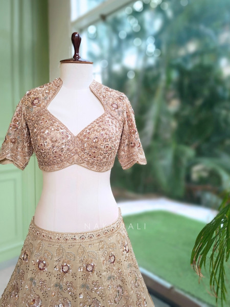 Tvarika Beige Tissue Organza Bridal Lehenga With Zardozi Tilla & Scalloped Work