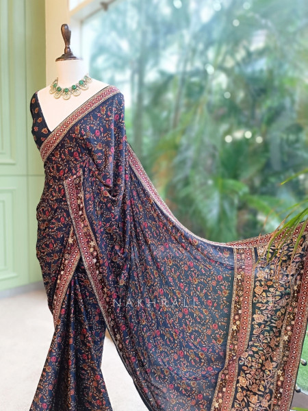 Blue Floral Ajrak Modal Silk Saree