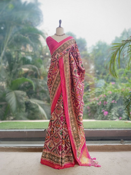 Varnamala Red Patola Silk Saree with Multicolor Elephant & Peacock Motifs and Zari Border