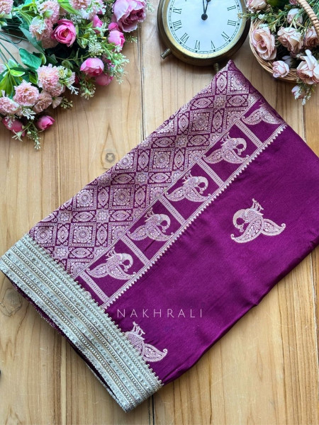 Tavira Wine Saree with Broad Border and Unstitched Blouse Piece