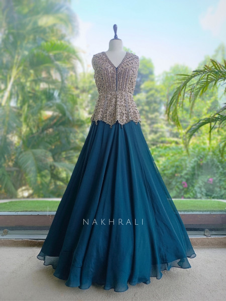 Seravelle Teal Green Net & Georgette Indo-Western Peplum Lehenga Set