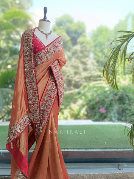 Noor-e-Aftab Orange Saree With Heritage Zardozi & Peacock Elephant Embroidery