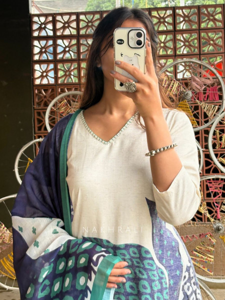 Ivory & Teal Cotton Suit Set with Abstract Print