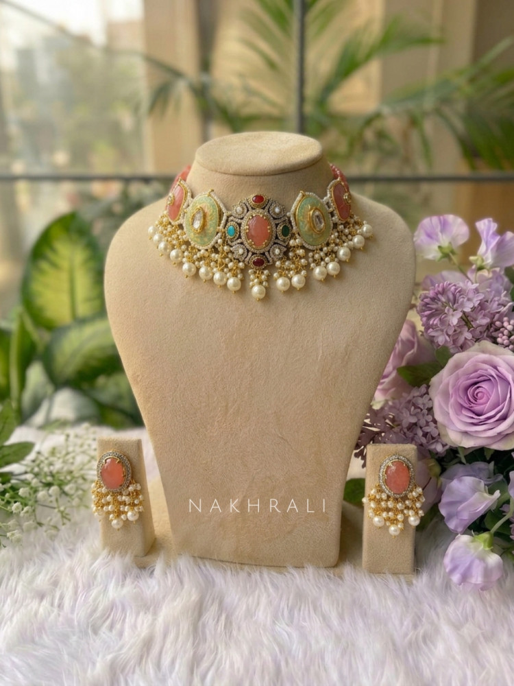 Image of Padmika Pink Choker Necklace Set With Pearl &amp; Stone Detail