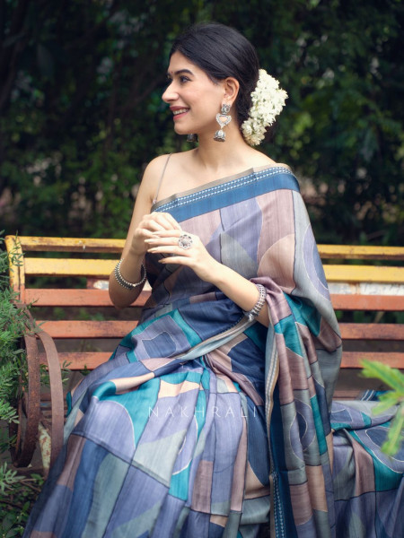 Nirvani Blue Silk Saree with Geometric Abstract Design