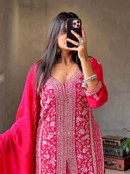 Shivi Magenta Palazzo Suit Set with Intricate Embroidery