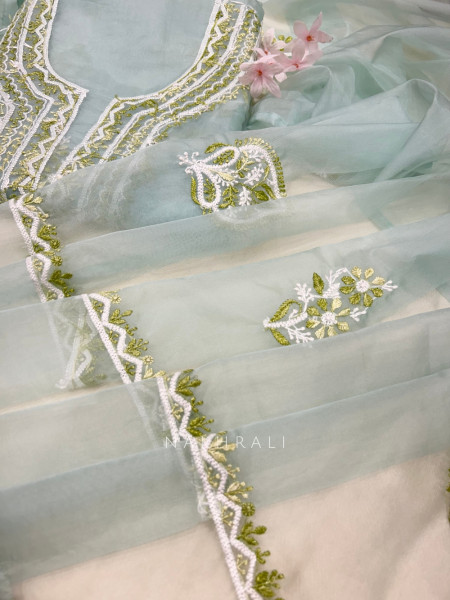 Foliage Frost Sea Green Organza Luxury Dress Material