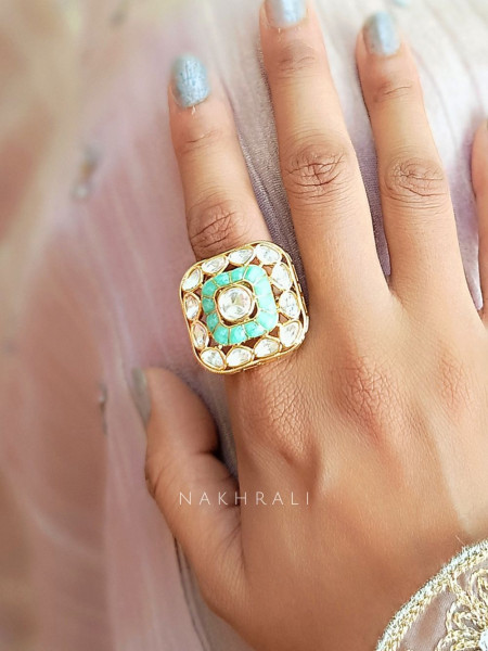 Aqua Glow Sea Green Adjustable Ring with Kundan Work