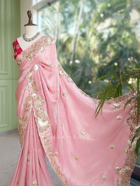 Dimensional Petal Pink Saree with Running Blouse Piece