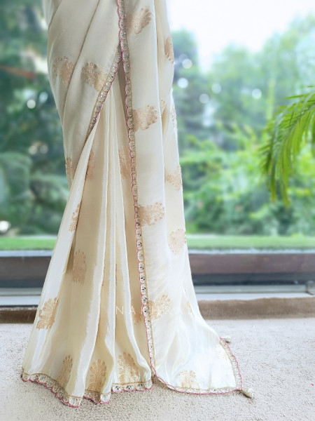 Kusumrekha Cream Georgette / Chinnon Silk With Saree with Contrast Running Blouse
