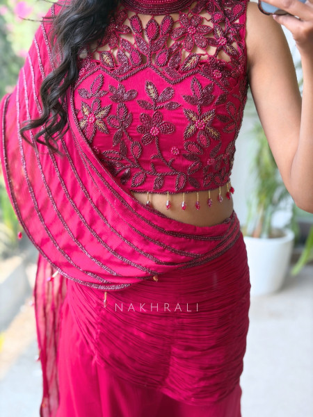 Shadowed Magenta Crushed Georgette – Pre-Draped Saree with Blouse
