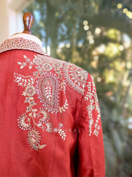 Velira Rust Embroidered Crop Top Skirt Set with Jacket