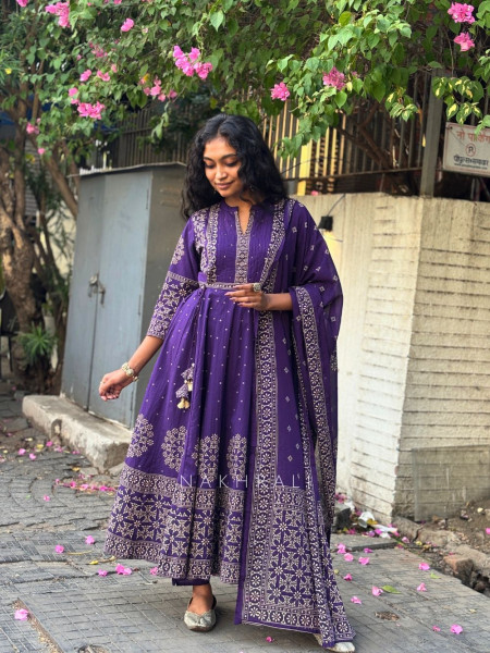Neelohit Purple Cotton Anarkali Printed  Suit Set with