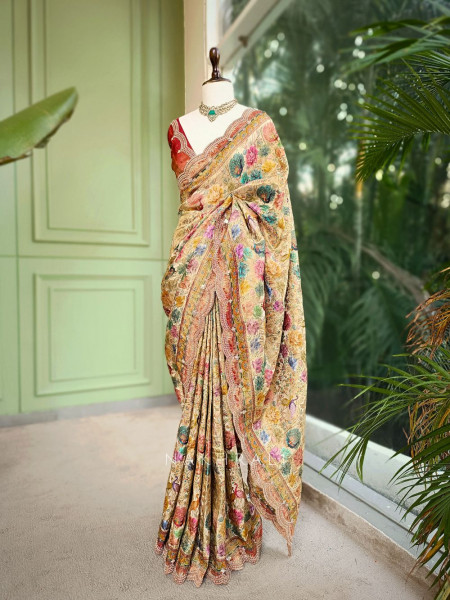 Anvika Beige Saree with Cut Dana and Sequin Work