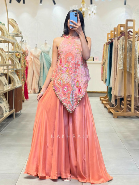 Floral Pink Indo-Western Palazzo Set with Sequin Work