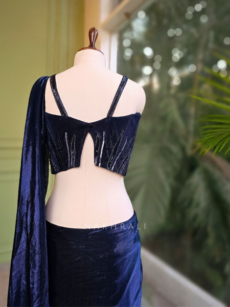 Neelvira Blue Crop Top Drape Skirt Set with Sequin & Cut Dana Work