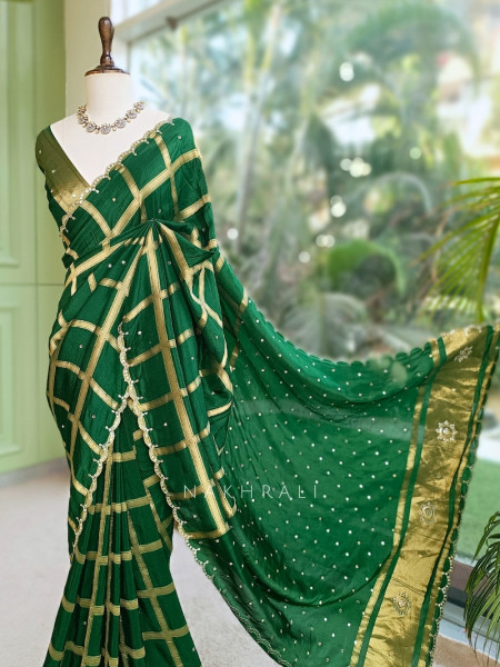 Asmi Green Chinon Silk Zari Check Saree