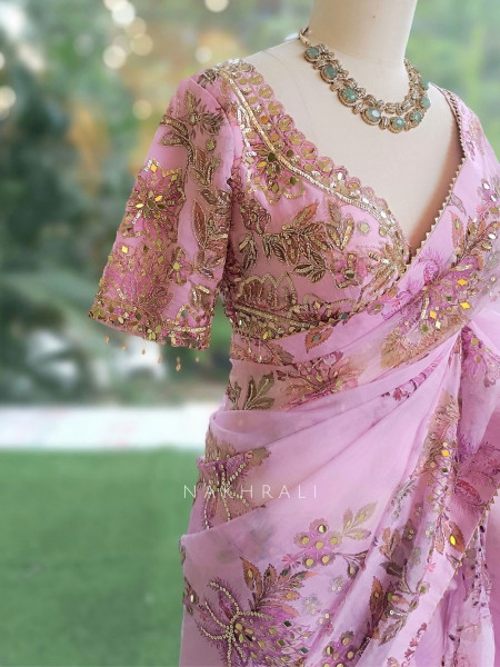 Petal Gleam Lavender Floral Silk Organza Saree