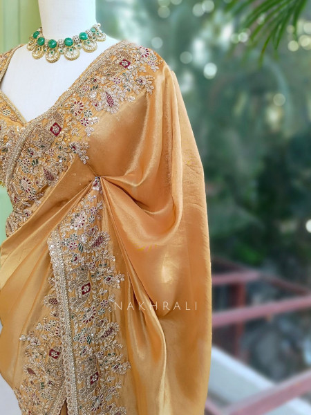 Ritvansh Mustard Saree with Embroidery and Readymade Embroidered Blouse