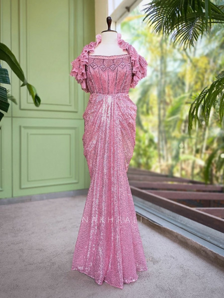 Eirene Pink Sequin Gown with Cut Dana Work and Frill Jacket
