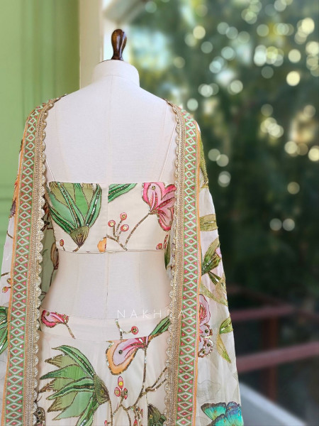 Averelle Off-White Floral Indo-Western Lehenga with Sequin Embroidery