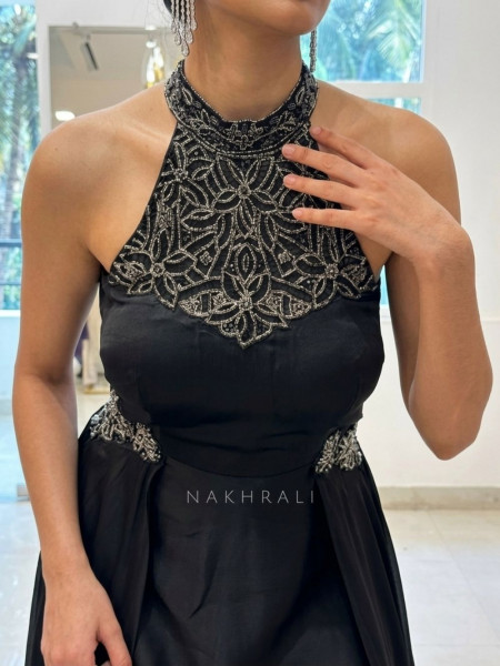 Elowen Black Halter Neck Long Dress with Cut Dana Work