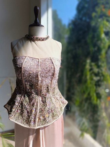 Muse Peach Embellished Corset Top & Skirt Set