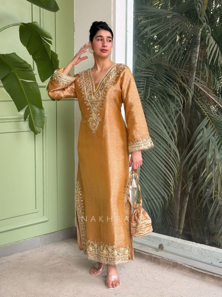 Kyra Mustard  Straight Dress with Mirror Zari Work