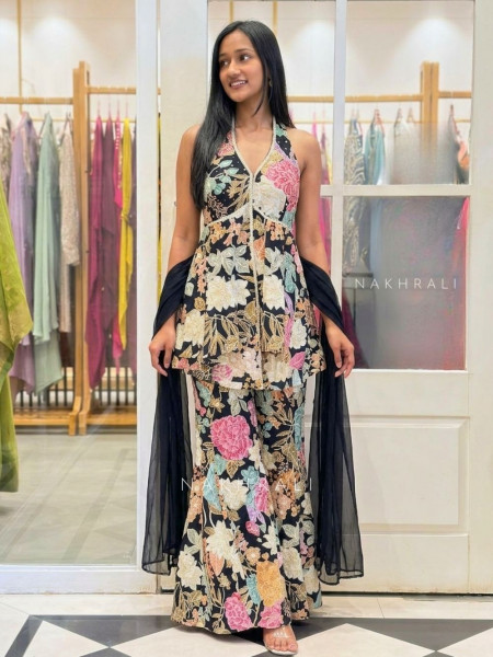 Firdaus Halter Black Indo Western Palazzo Suit Set With Floral Embroidery